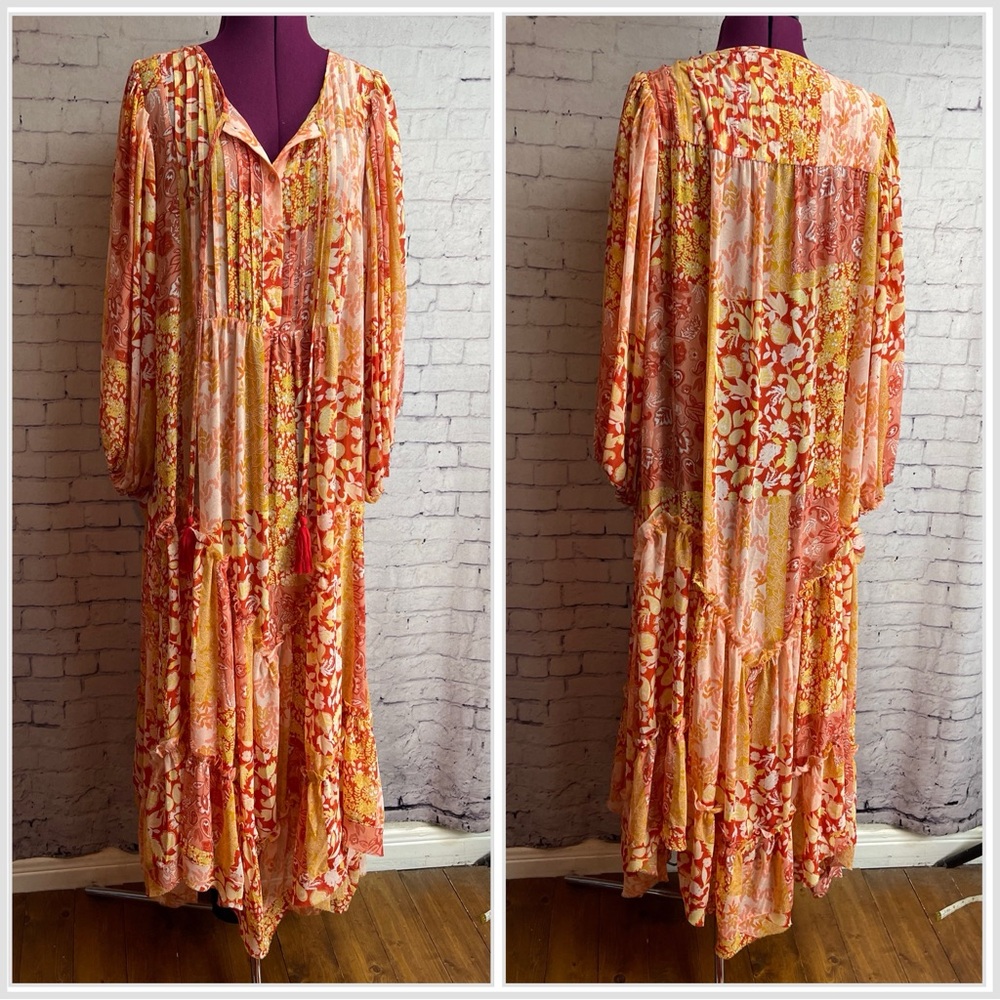 Talisman size XL sheer maxi dress Sabrina bonfire orange and red prints